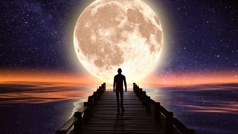 Man walks Pier Full Moon Stock Footage 297530669
