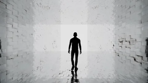 Man walks in a reflective  tunnel Stock Footage 313609239