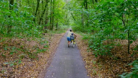 A man walks, rises up the road, in the forest, drives a bicycle with a child Stock Footage 80446940