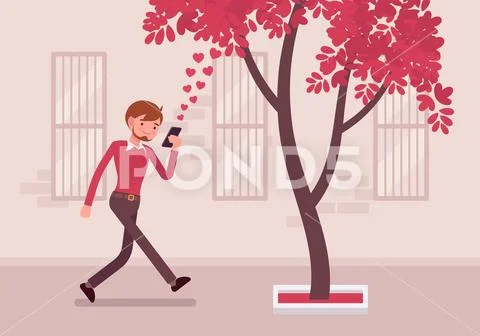 Man walks with smartphone to bump into a tree Stock Illustrationen