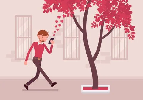 Man walks with smartphone to bump into a tree Stock Illustration