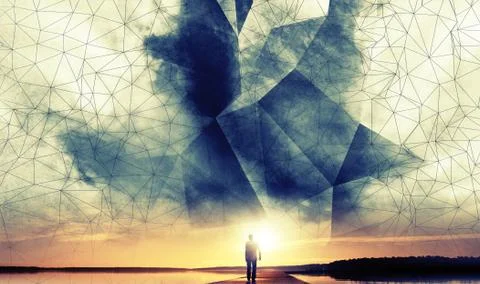 A man walks to the sun under digital 3d wire-frame sky Stock Illustration