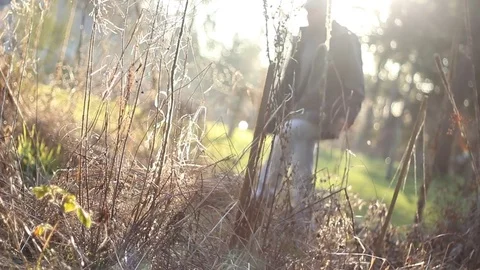 Man Walks in Tall Grass Back-Lit by the Sun 스톡 동영상 81718361