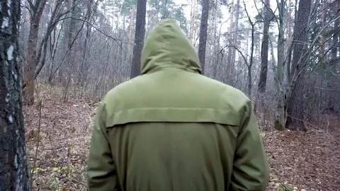 A man walks through the autumn forest Stock Footage 100621065
