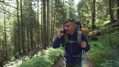 A man with a walks through the forest and talks on the phone Stock Footage 236984189