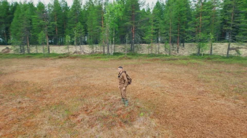 A man walks through the forest, enjoying a solo hike in the swampy area. Stock Footage 310446723