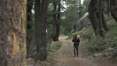 A man walks through the forest in the mountains with a backpack Stock Footage 141791054