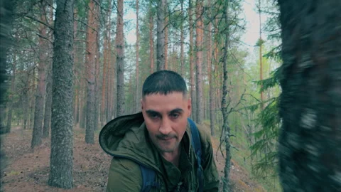 A man walks through a pine forest. Health benefits. Coniferous forest. Stock Footage 310266367