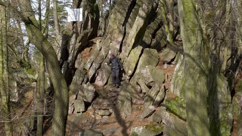 Man walks through rocks in forest Stock-Footage 73226808