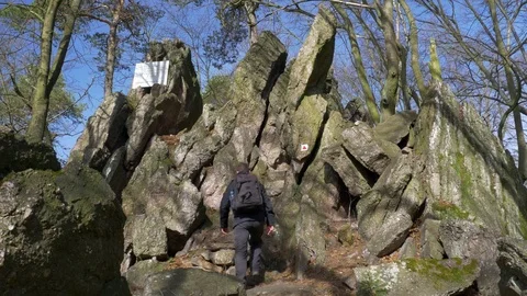 Man walks through rocks in forest Stock Footage 73226898