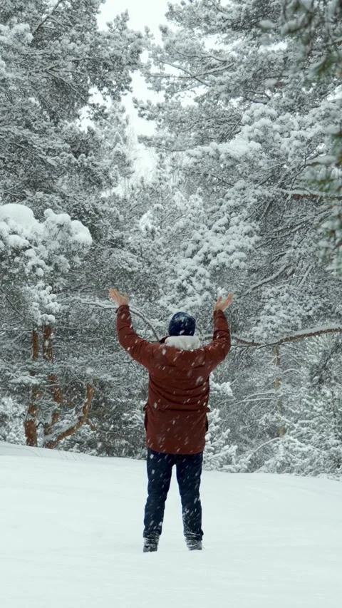 A man walks through a winter forest during a snowfall and catches snowflakes. Stock Footage 329923863