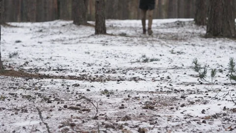 A man walks through the winter woods to the camera. The frame is only legs Stock Footage 123899573