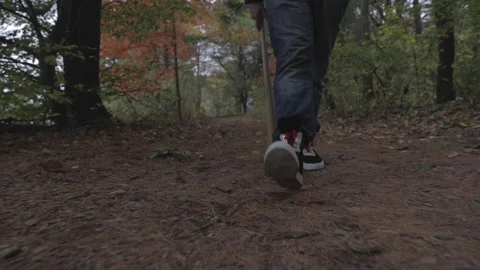 A man walks through the woods with a baseball bat. Stock Footage 148155792