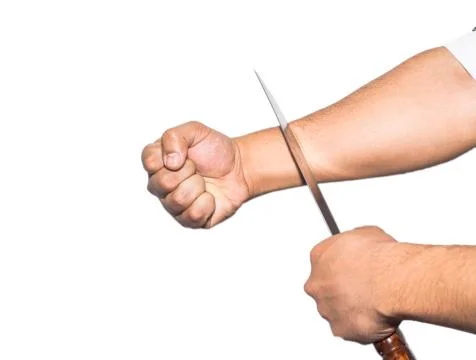 Man want to commit suicide by cutting his veins with knife on white backgroun Stock Photos