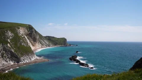 Man of War beach in Lulworth, on a clear blue sky day Stock Footage 338051454