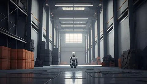 A man in a warehouse with a motorcycle in front of him and a large amount o.. Illustrazione stock