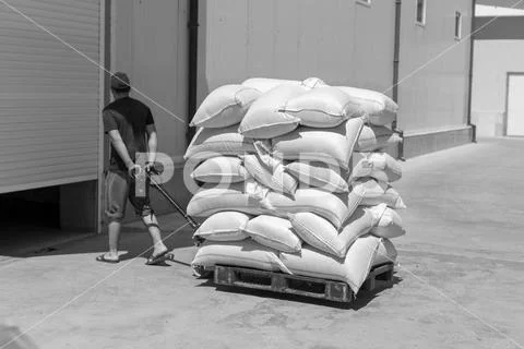 Man of a warehouse worker with a manual loader Stock Photos