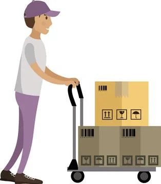 Man warehouse worker providing parcel logistics operation vector icon isolated Stock Illustration
