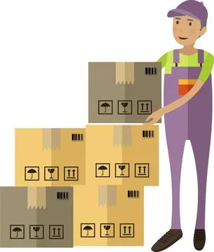 Man warehouse worker stacking parcels box vector icon isolated on white Stock Illustration