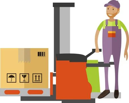 Man warehouse worker using lift for parcel stacking vector icon isolated on Stock Illustration
