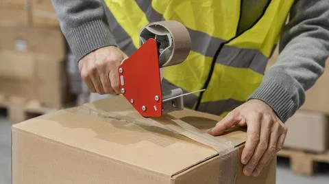 Man in warehouse working with packages Stock Photos