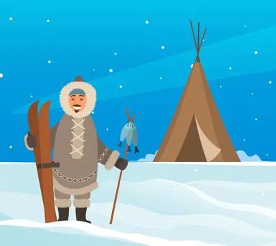 Man in warm clothes for cold climate living in Arctic. Eskimo with fish stands Stock Illustration