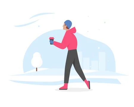 Man in warm clothes walking with coffee cup along winter city street Illustration