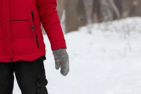A man in warm clothes walks through a winter snow-covered forest. Stock Photos