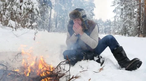 Man Warm Hands by Winter Fire Stock Footage 59540946