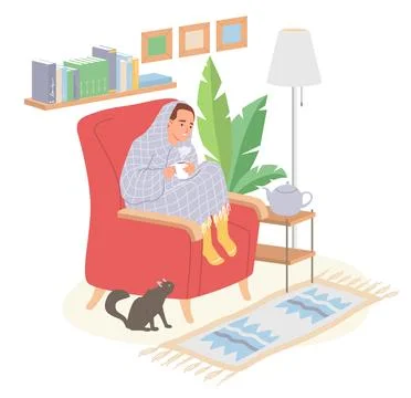 Man warming wrapped in blanket while sitting on armchair Stock Illustration