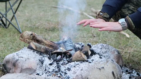 A man warms his hands by campfire, close-up. Hiking conditions Stock Footage 195203181