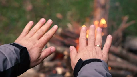 A man warms his hands over a fire in nature in the forest Stock Footage 140608176