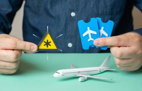 The man warns about important conditions for flight tickets and their retur.. Illustrazione stock