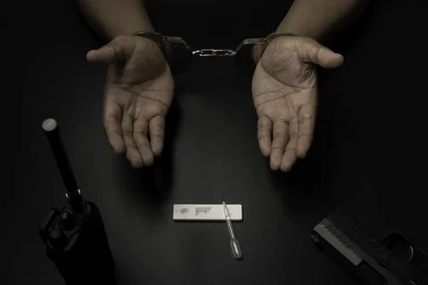 A man was handcuffed on a black table. He is being tested for drugs. His test Stock Photos