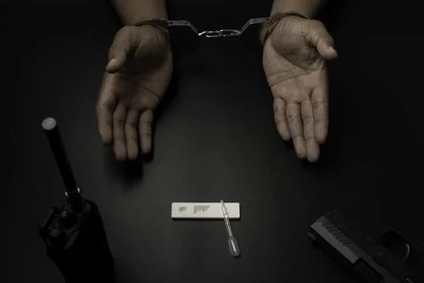 A man was handcuffed on a black table. He is being tested for drugs. His test Stock Photos