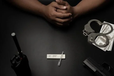 A man was handcuffed on a black table. He is being tested for drugs. His test Foto stock