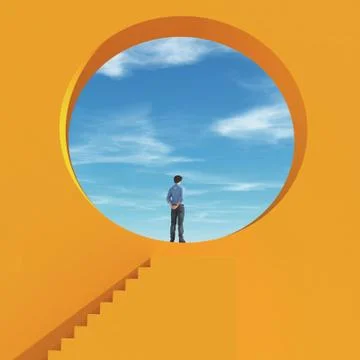 Man was looking through a hole in the wall to the sky. Illustrazione stock