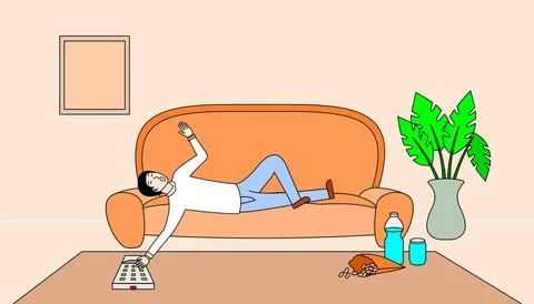 Man was lying on the sofa. a lazy man Stock Illustration