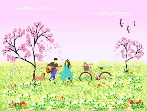The man was playing the guitar for  woman to listen under the pink flower tre Stock Illustration