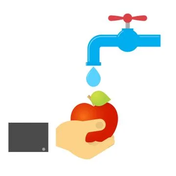 The man washes the apple under the tap. Illustrazione stock