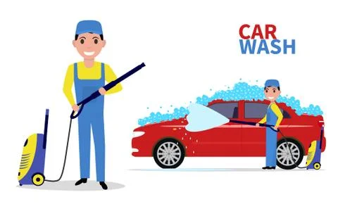Man washes a car in uniform Stock Illustration