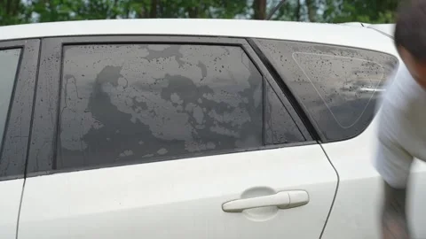 A man washes the car windows with a cloth before applying an anti-rain coating. Vidéo 336913713