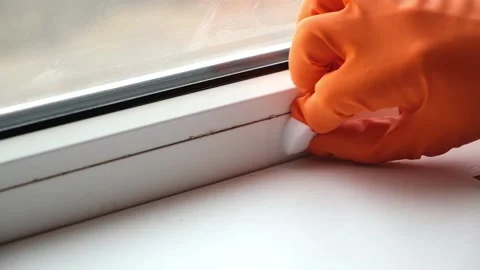 A man washes dirty old window. Removes tape. Stock Footage 180186381