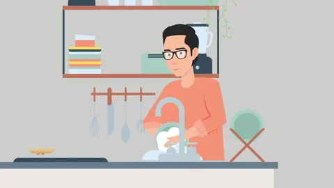 A Man Washes the Dishes Stock Footage 283883515