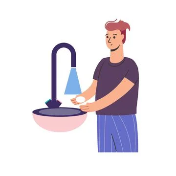 A man washes his hands to prevent coronavirus. The man maintains hygiene and Stock Illustration