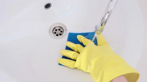 A man washes the sink with a rag in a rubber glove. Keeps the bathroom clean Stock Footage 156029530