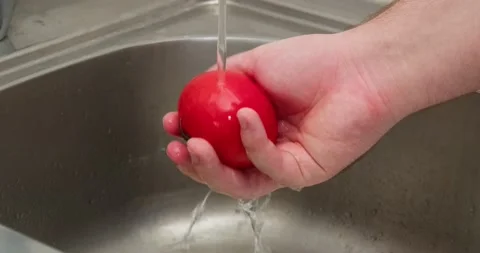 Man washes a tomato Stock Footage 235512475