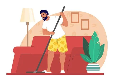 Man washing floor with mop, vector illustration. Housework, house cleaning Stock Illustration
