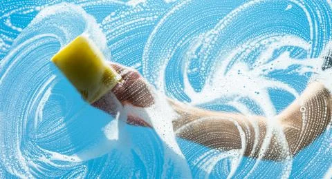 Man washing front window with sponge Foto stock