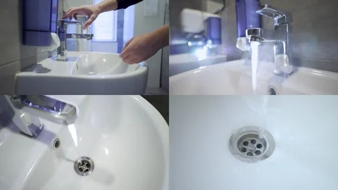 Man is washing hands with soap under faucet. Split screen. Health care Stock Footage 129363333
